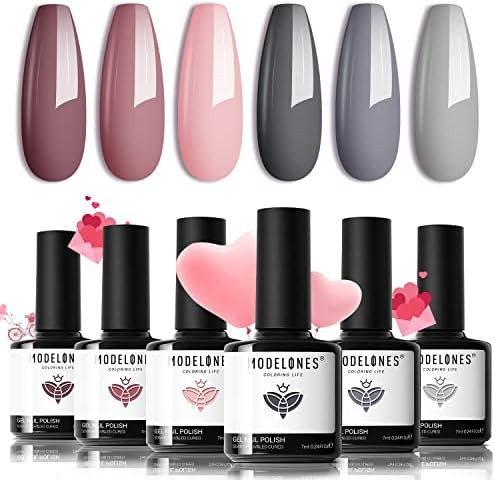 Modelones Gel Nail Polish Set, 6 Colors Valentine's Day Nude Pink Grey Gel Polish Kit All Seasons Na | Amazon (US)