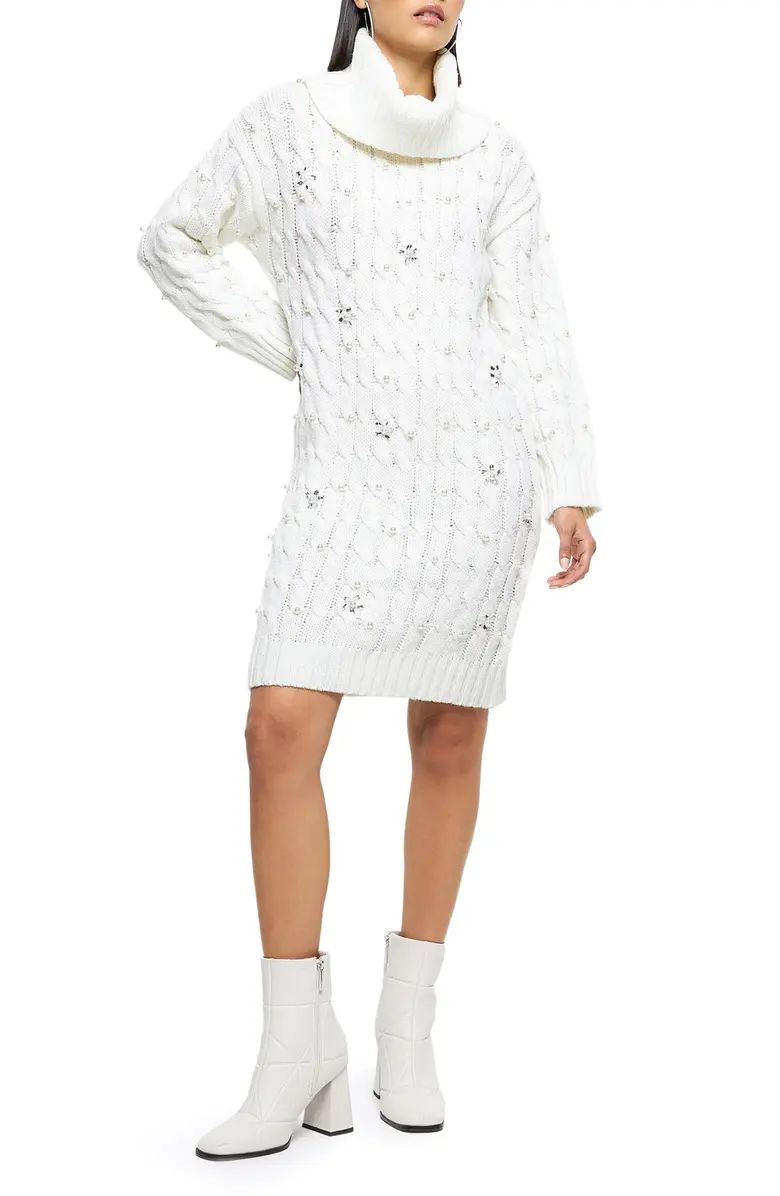 River Island Imitation Pearl Embellished Long Sleeve Turtleneck Sweater Dress | Nordstrom | Nordstrom