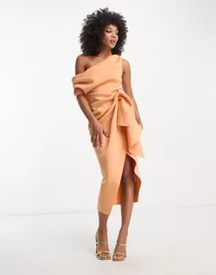 ASOS DESIGN fallen shoulder manipulated tuck bodycon midi dress in apricot | ASOS (Global)