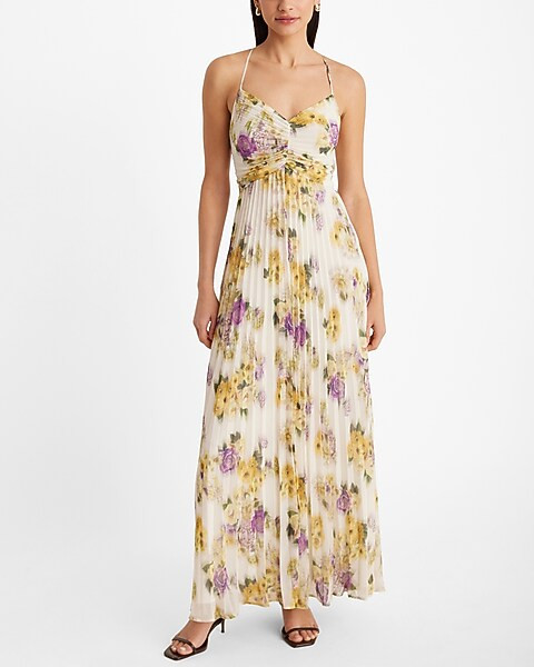 Floral V-Neck Pleated Cross Back Maxi Dress | Express