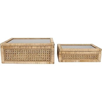 Creative Co-Op Woven Rattan Display Boxes with Glass Lids & Fir Wood Frame (Set of 2 Sizes) | Amazon (US)
