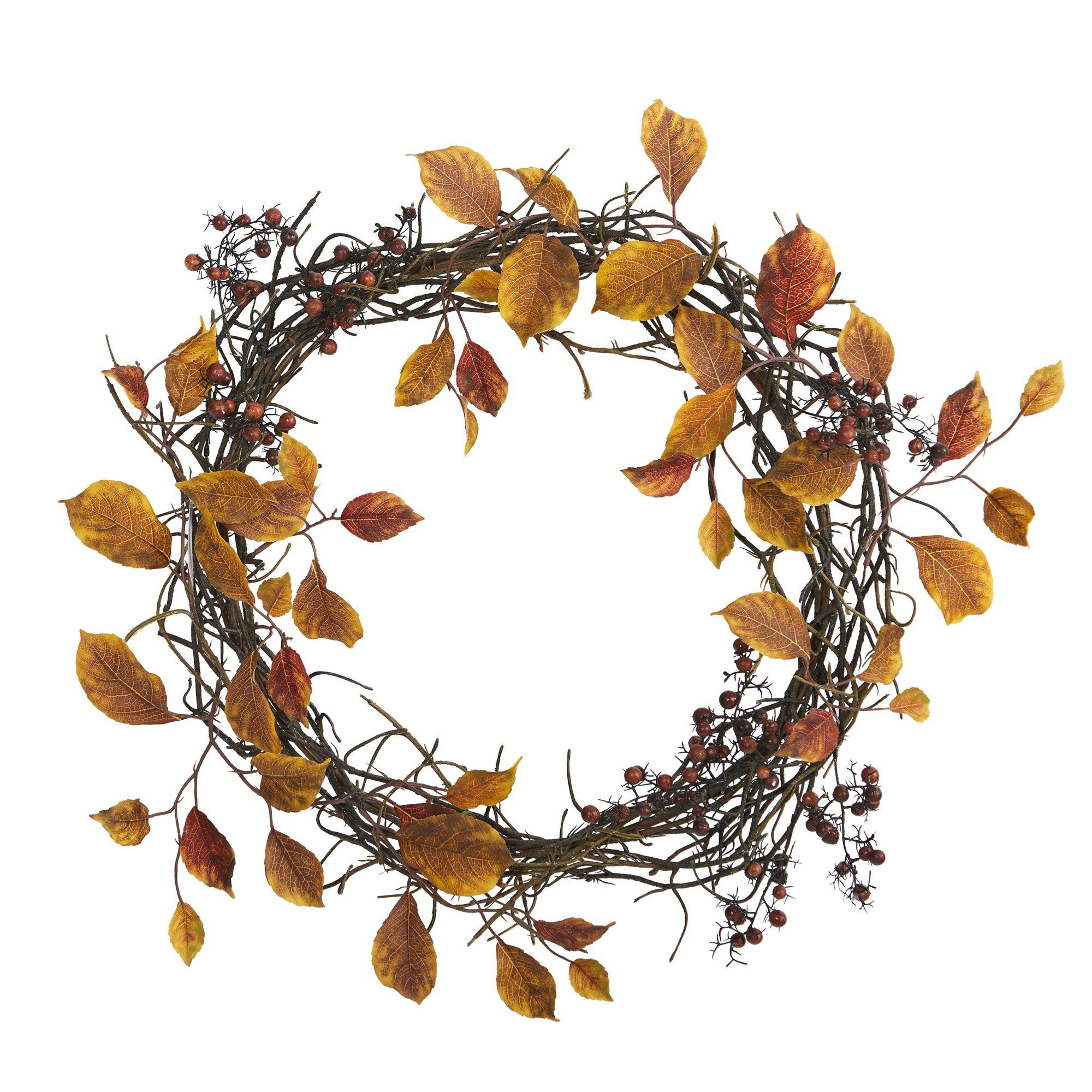 19” Harvest Leaf, Berries and Twig Artificial Wreath | Nearly Natural | Nearly Natural