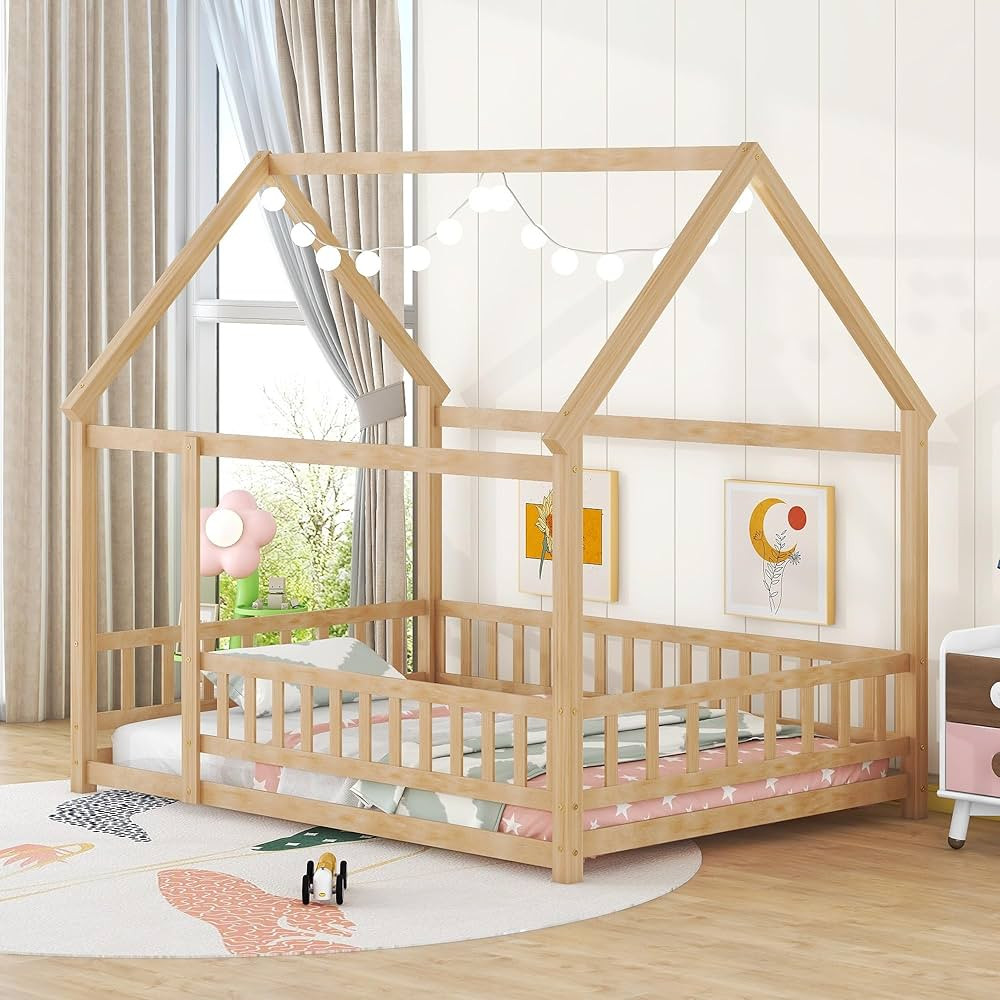 Full Size House Floor Bed Wooden Montessori Bed with Fence and Roof for Kids Playhouse Style Bed ... | Amazon (US)