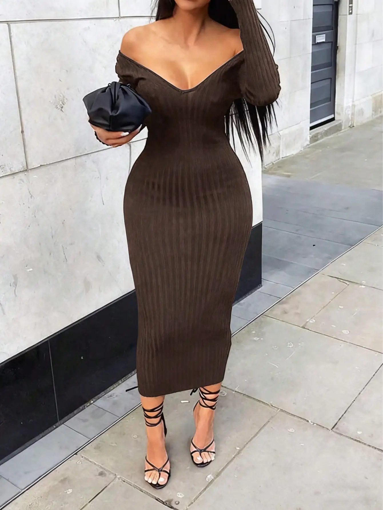Meli Fashion Boutique Off-Shoulder V-Neck Ribbed Knit Bodycon Midi Dress - Brown / M | Shop.app