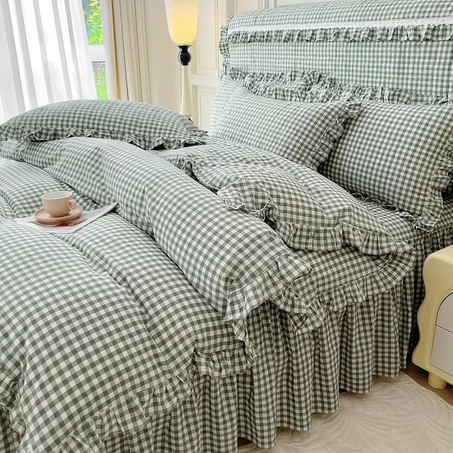 LifeTB Queen Comforter Set Green Gingham Comforter Vintage Ruffle Checkered Pattern Comforter Set... | Amazon (US)