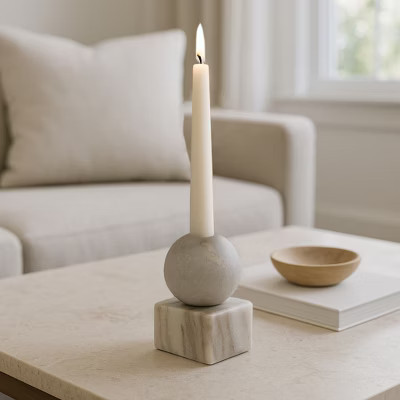 Marble Candle Holder for Taper Candles - Spherical Accent and Square Base - Candlestick Holder for Dining Room, Shelf, or Coffee Table - 5" Grey/White | Target