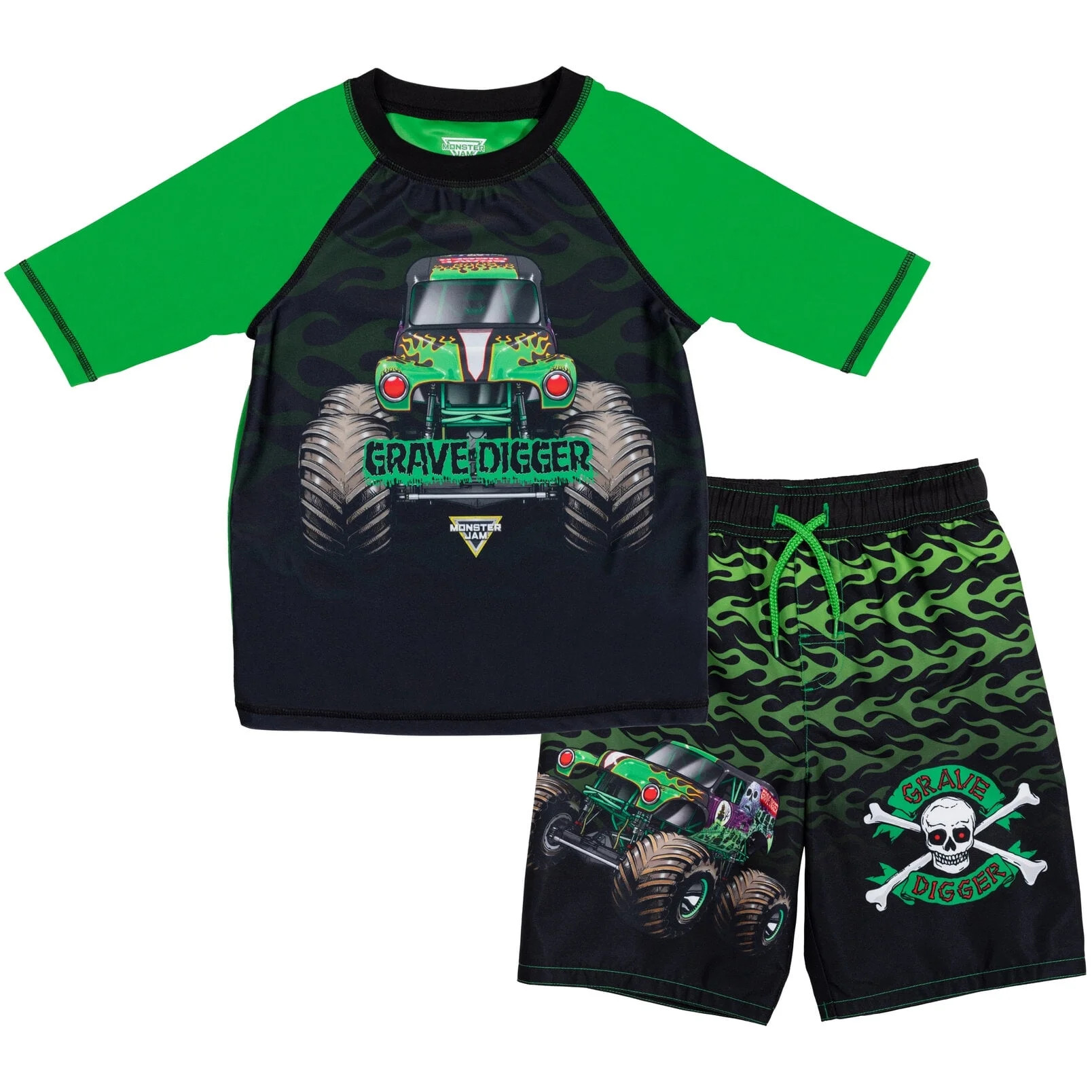 Monster Jam Grave Digger UPF 50+ Pullover Rash Guard Swim Trunks Outfit Set Toddler to Big Kid | Walmart (US)