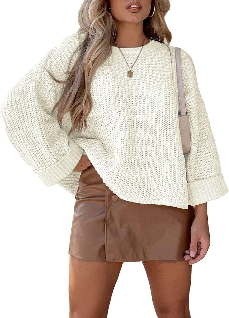 KIRUNDO Womens Fashion Fall 2023 Long Sleeve Oversized Crew Neck Cropped Sweaters Winter Soft Kni... | Amazon (US)