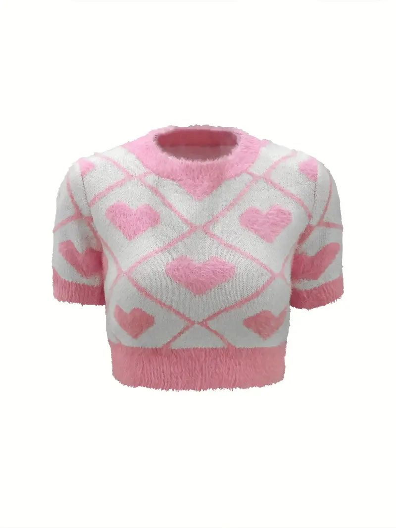 Heart Pattern Crew Neck Sweater, Casual Short Sleeve Crop Knit Top, Women's Clothing | Temu Affiliate Program