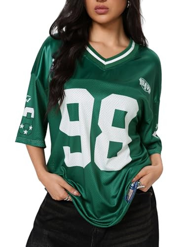 SOLY HUX Jersey Shirts for Women Y2k Graphic Number Oversized Tees V Neck Half Sleeve Cute Soccer Streetwear T Shirt Tops Green Number X-Small | Amazon (US)