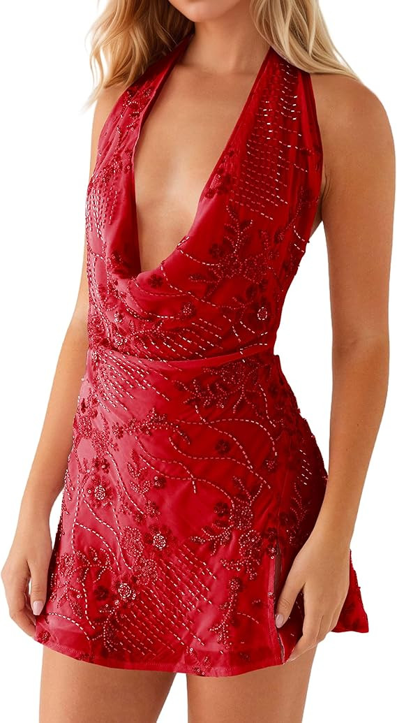 Women's Sparkly Sequin Mini Dress Sexy Cowl Neck Sleeveless Split Side Tie Backless Bodycon Party... | Amazon (US)