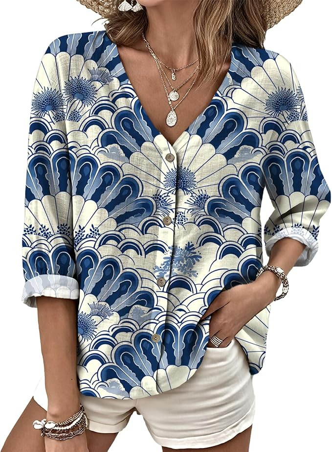 Women's Summer Shirts Floral Print Rolled Three-Quarter Sleeves V Neck Retro Soft Outdoor Plus Si... | Amazon (US)
