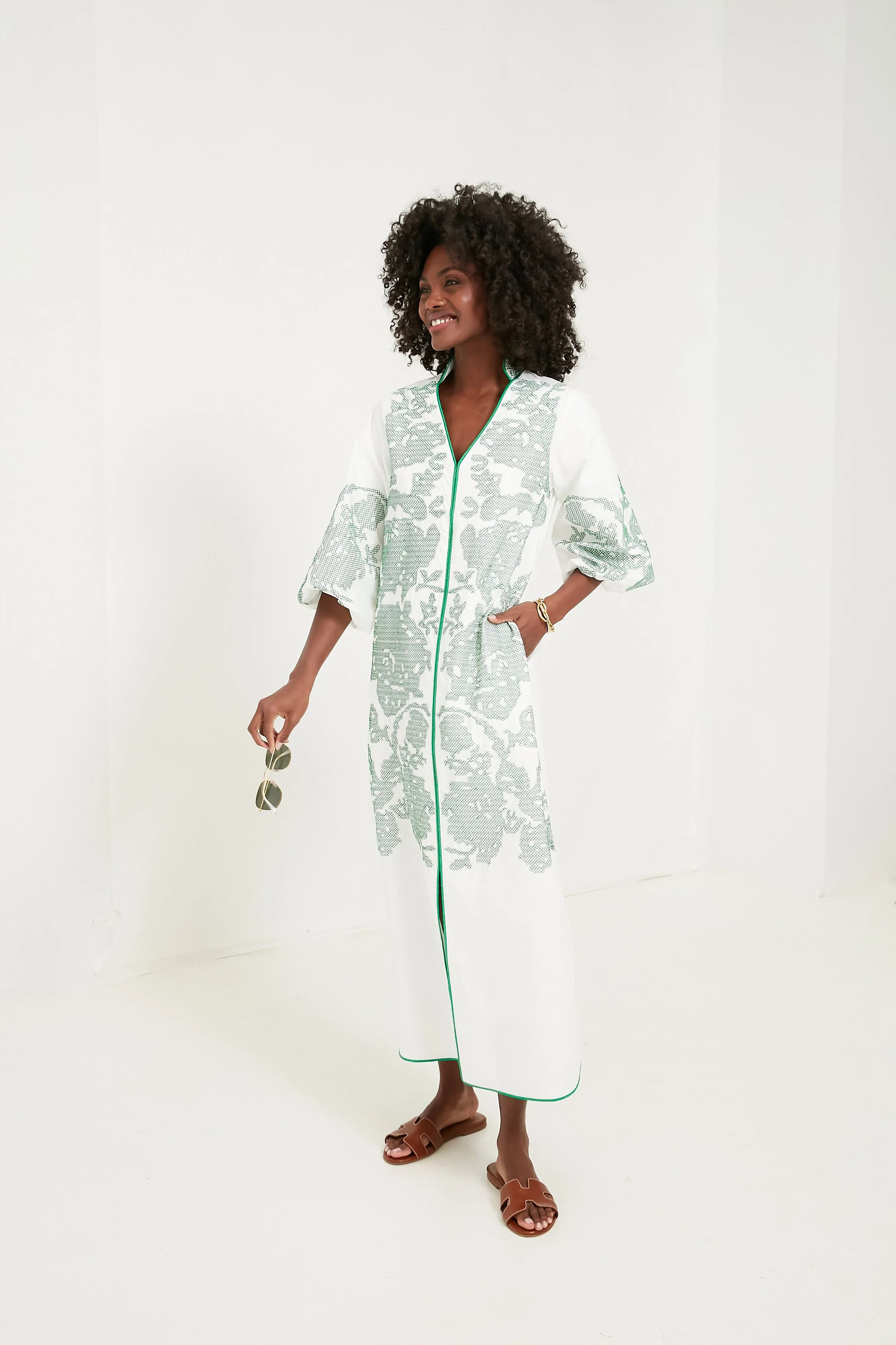 White & Green Embroidery Arem Dress 
                Hyacinth House | Tuckernuck (US)