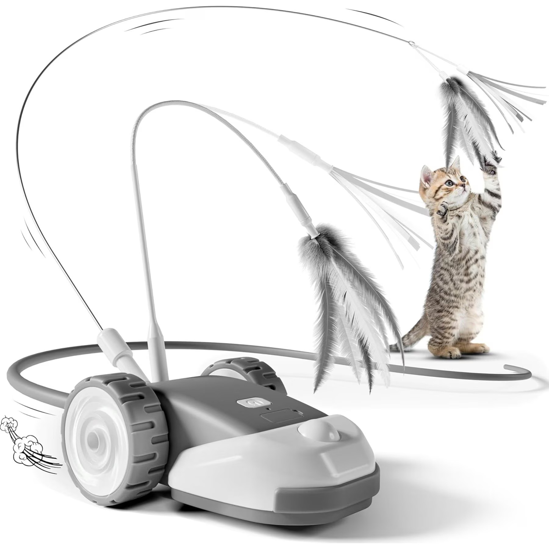 Casfuy 2-Speed Erratic Mouse Motion 3-in-1 Interactive Cat Toy with Feathers & Silicone Tail, Grey | Chewy