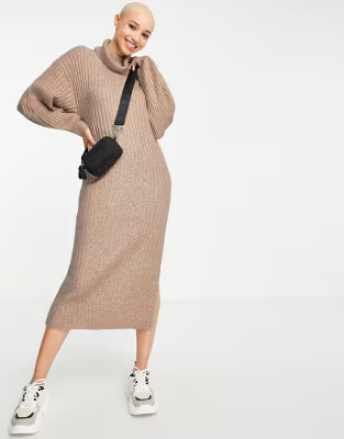 ASOS DESIGN ribbed midi dress with cowl neck in taupe | ASOS (Global)
