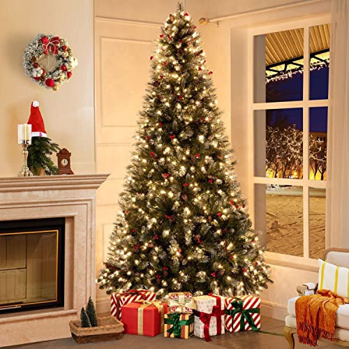 Vancouver 7.5ft Frosted Prelit Artificial Christmas Tree with Pine Cones,Faux Berries, Foot Pedal, 1346 Branch Tips,550 Warm Lights & Metal Stand, 53" Wide Realistic Decorated Spruce Christmas Tree | Amazon (US)