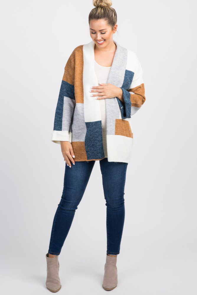 Ivory Multi Color Block Print Open Front Maternity Cardigan | PinkBlush Maternity