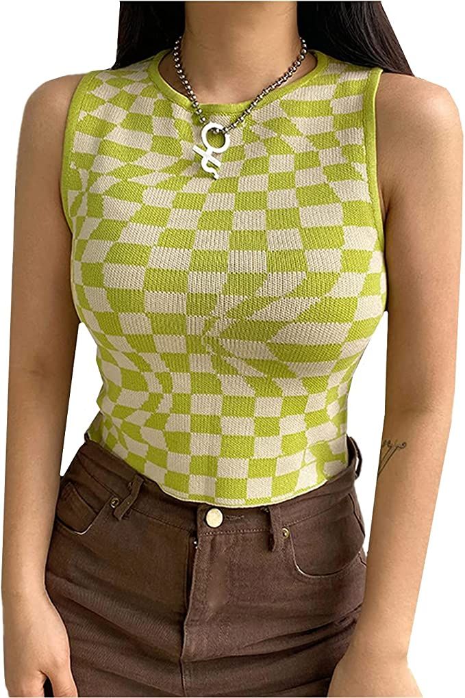 Women's Plaid Printed Sleeveless O Neck Camisole Harajuku Vintage Knitted Cropped Tank Top | Amazon (US)