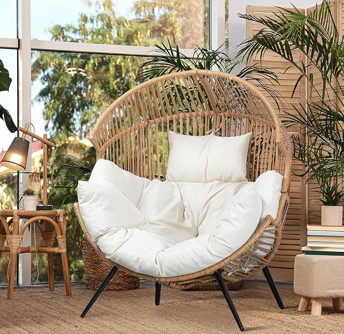 JAMFLY Egg Chair Wicker Outdoor Chairs, Oversized Patio Chair Oversized Lounger Chair with Cushion for Indoor Living Room, Bedroom, Outside Patio Backyard Balcony, Beige | Amazon (US)