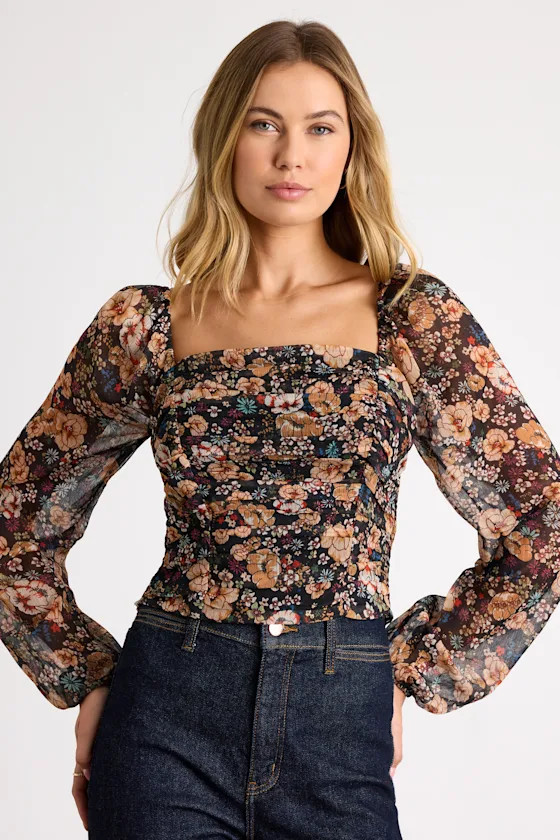 Mood Setter Black Multi Floral Print Ruched Long Sleeve Top | Lulus