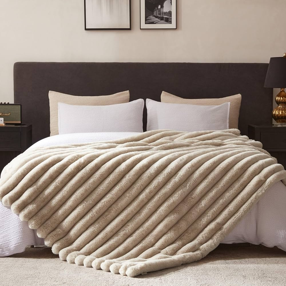 WDCOZY Faux Fur Throw Blanket Striped Super Soft Cozy Fluffy Luxurious Blankets Couch Bed Sofa Ch... | Amazon (US)