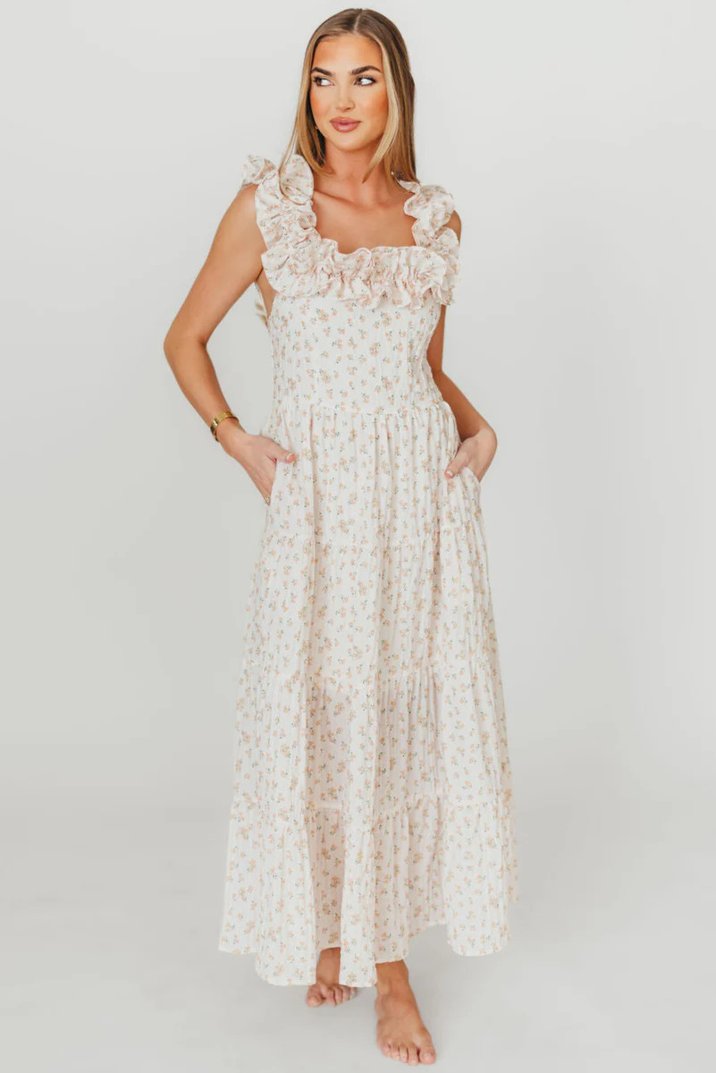 Margot Ruffle Sleeve Maxi Dress in Peach Floral | Worth Collective