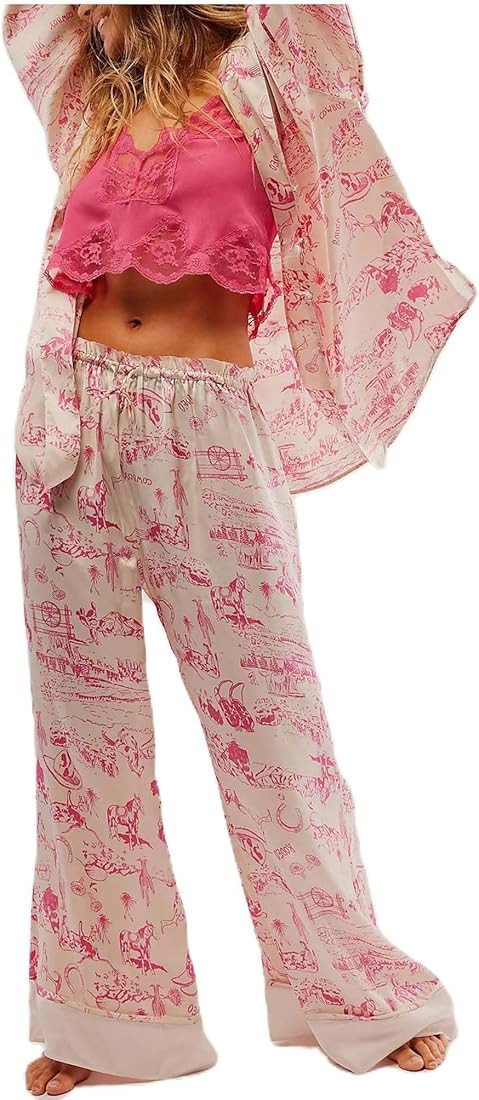 Yiulangde Cowboy Pink Satin Pajama Set Valentines Rodeo Floral Silk Pjs Western Cowgirl Pajamas f... | Amazon (US)