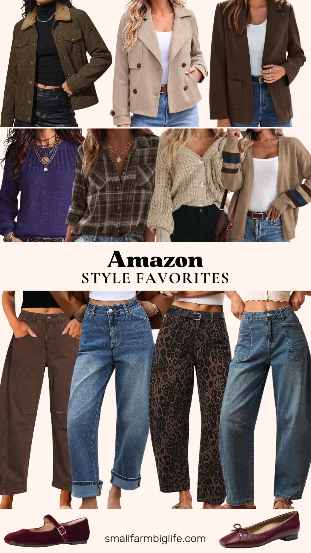 Amazon Style Favorites 🍂 Barrel jeans are one of the biggest denim trends this fall, and this collage has four favorites from Amazon: vintage blue rolled cuff barrel jeans, faded blue boyfriend barrel jeans, chocolate brown high waisted cropped barrel jeans, and a fun brown leopard pair. Pair them with cozy layers like a beige chunky knit open front cardigan, an oatmeal cardigan with striped sleeves, a royal purple oversized chunky knit sweater, or a brown and beige plaid flannel shirt. For outerwear, there's a coffee brown sherpa lined corduroy jacket, a coffee brown faux suede blazer, and a grey beige faux suede double breasted jacket. Finish the look with fall shoes like burgundy velvet Mary Jane ballet flats or burgundy square toe bow ballet flats. These pieces mix and match so easily for weekend errands, date night outfits, and fall outfits for women over 50 and beyond!

#amazonfashion #amazonfinds #barreljeans #falloutfits #fallfashion #fallshoes 

 #LTKgrwm #LTKootd #LTKOver40