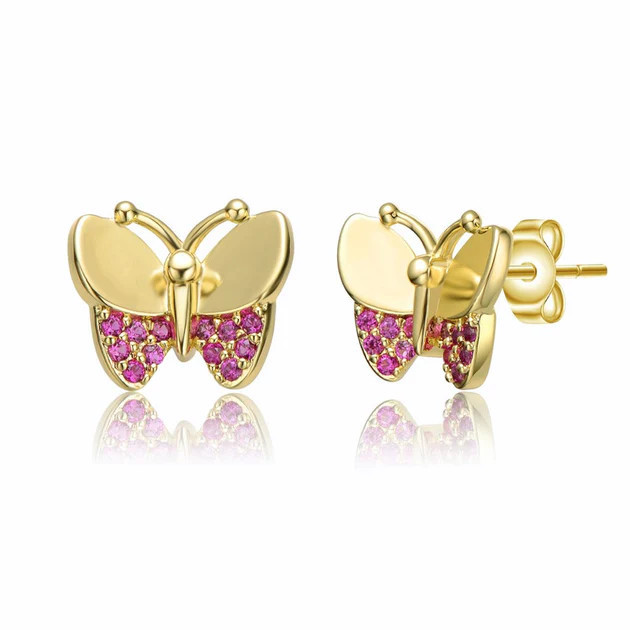 14k Yellow Gold Plating with Ruby Cubic Zirconia Pave Butterfly Stud Earrings for Kids | Shop Simon