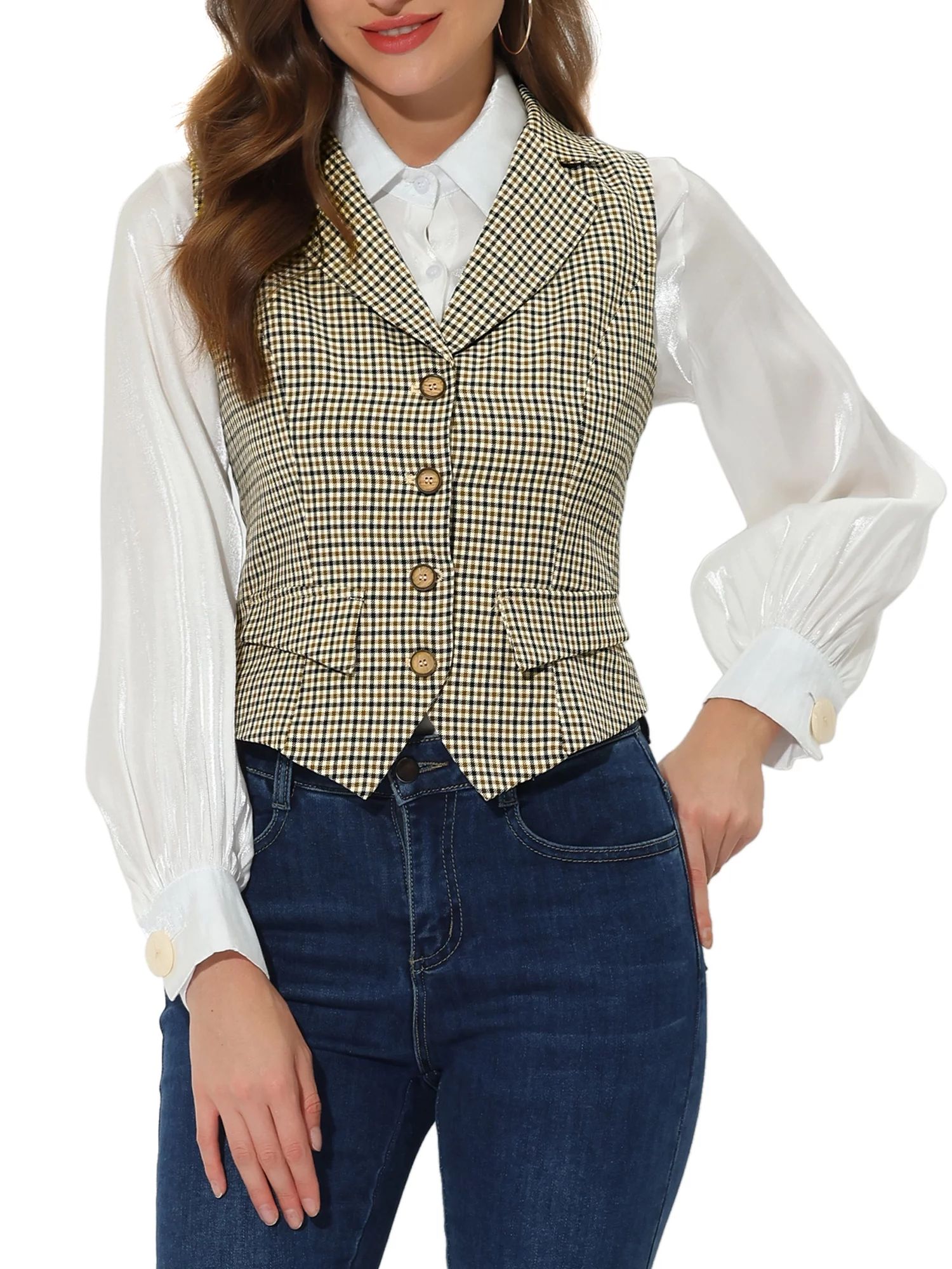 Unique Bargains Women's Plaid Waistcoat Notched Lapel Collar Vintage Vest | Walmart (US)