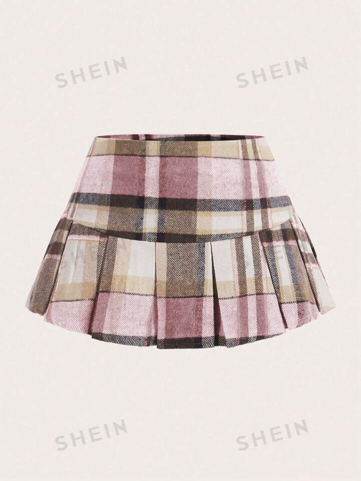 SHEIN EZwear Women's Autumn And Winter Plaid Pleated Skirt | SHEIN