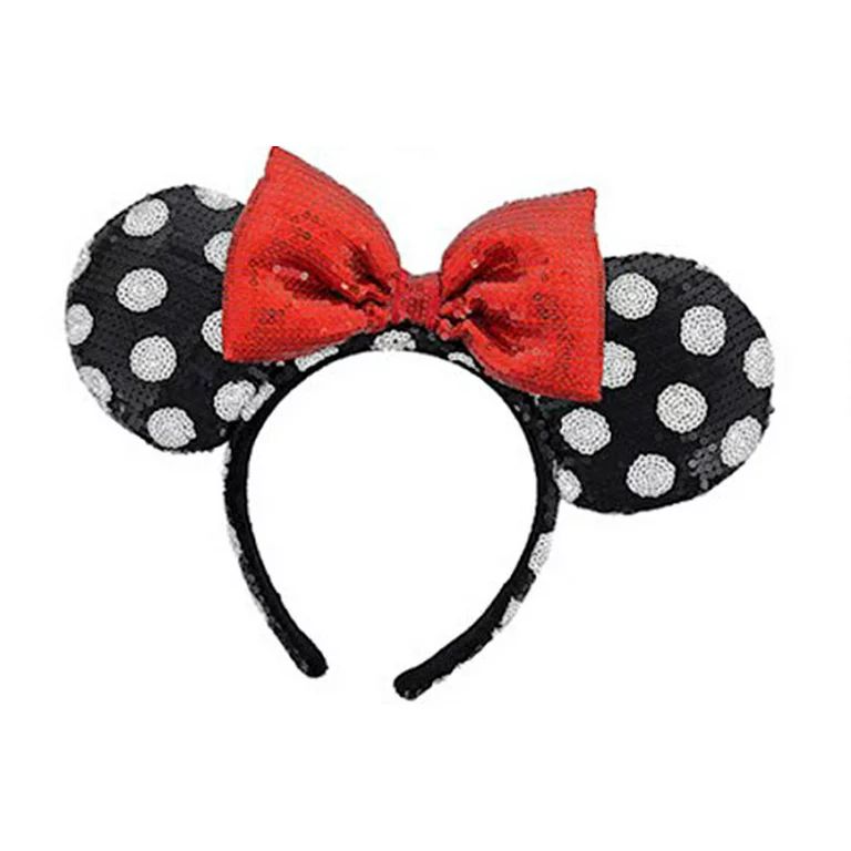Disney Parks Sequin Minnie Mouse Ears Headband Black White Polka Dot Red Bow - Walmart.com | Walmart (US)
