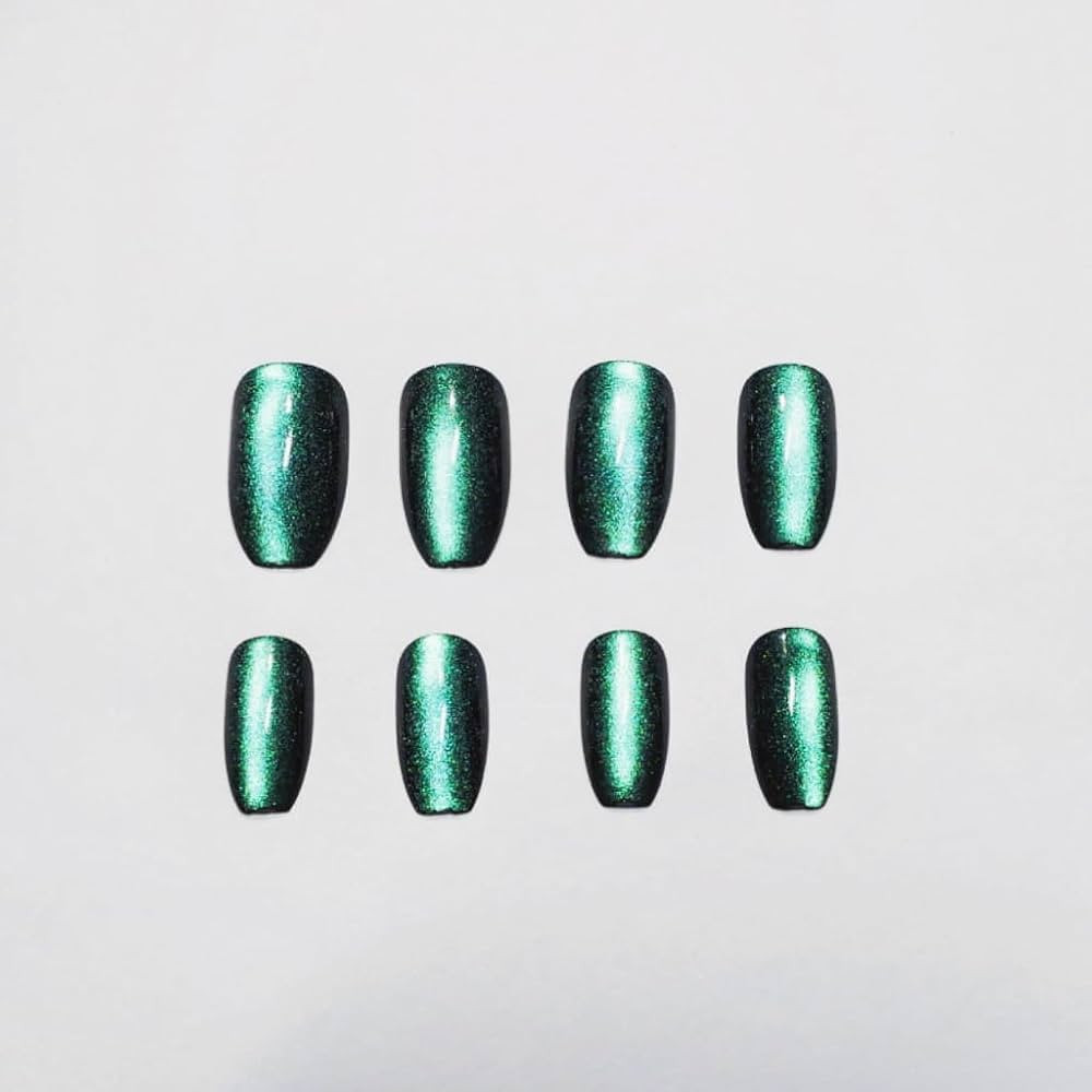 MNmagicnail-Glossy Press On Nails,Medium Coffin Short Cat Eye False Nails,Opaque "Dark Green" Reu... | Amazon (US)