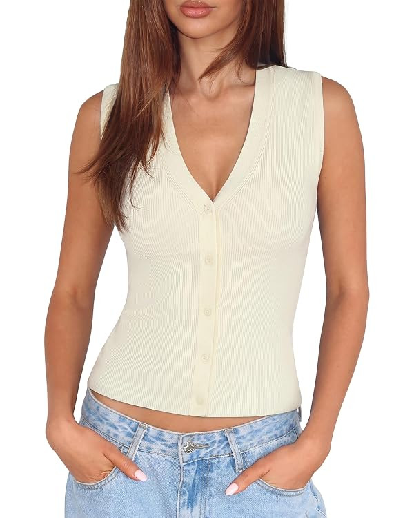 SUUKSESS Women Sleeveless Sweater Tops Summer V Neck Button Down Vest Tops Business Casual Work S... | Amazon (US)