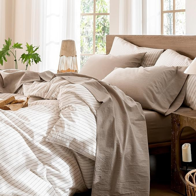 MooMee Bedding Sheet Set 100% Washed Cotton Linen Like Textured Breathable Durable Soft Comfy (He... | Amazon (US)