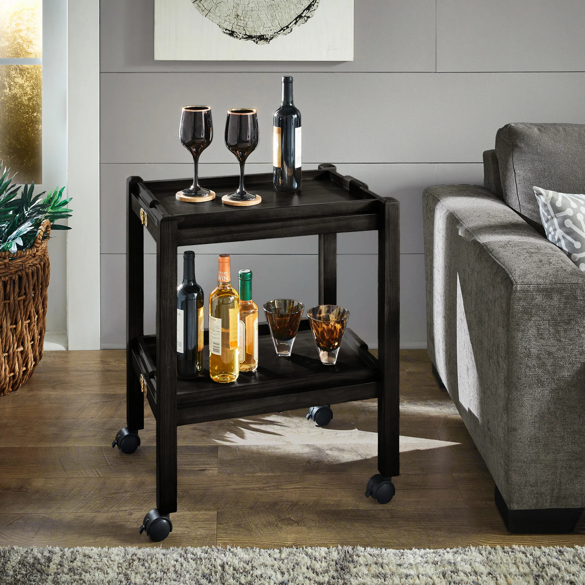 Telluride Wood Finish Folding Bar Cart With Two Detachable Trays | Wayfair North America