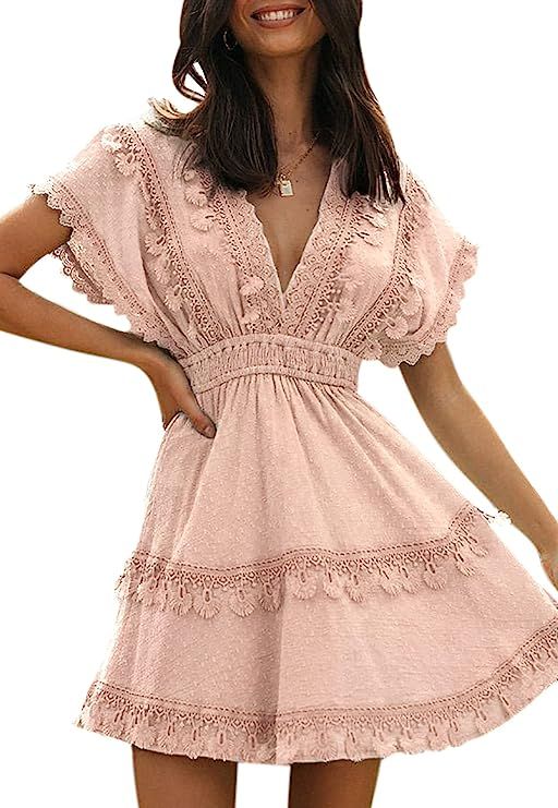 Vintagton Women's Summer Lace V Neck A Line Mini Dress Casual Swiss Dot Cap Sleeve Short Swing Su... | Amazon (US)