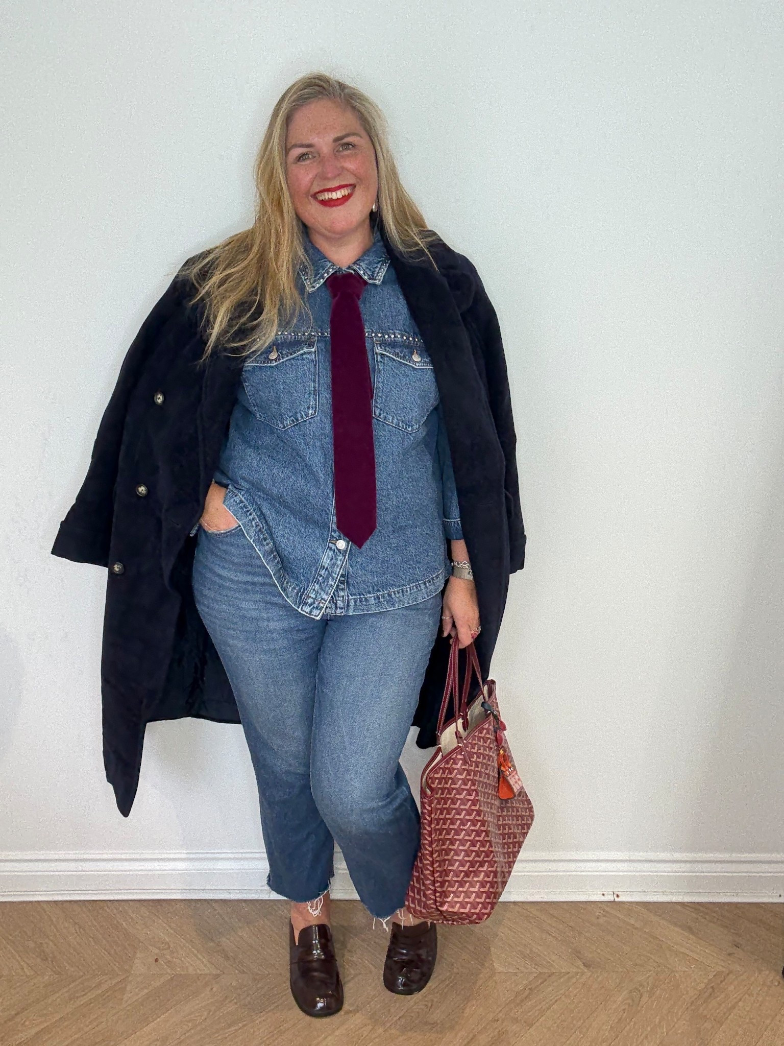 Navy overcoat, cropped jeans, studded shacket, velvet tie, burgundy loafers, burgundy tote, 

#LTKplussize #LTKjeans #LTKwinter