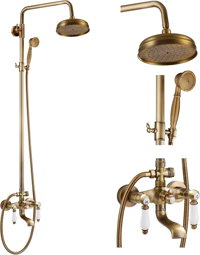 gotonovo Antique Brass Shower Faucet 8-inch Shower Head Fixture with Handheld Spray Double Lever ... | Amazon (US)