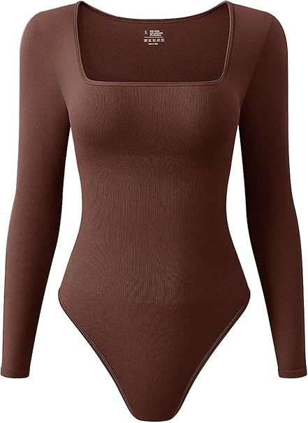 Long Sleeve Bodysuit Shapewear for Women - Ribbed Square Neck Light Tummy Control Body Shaper Top... | Amazon (US)