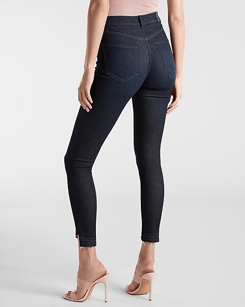 High Waisted Extra Supersoft Dark Wash Detailed Ankle Seam Skinny Jeans | Express