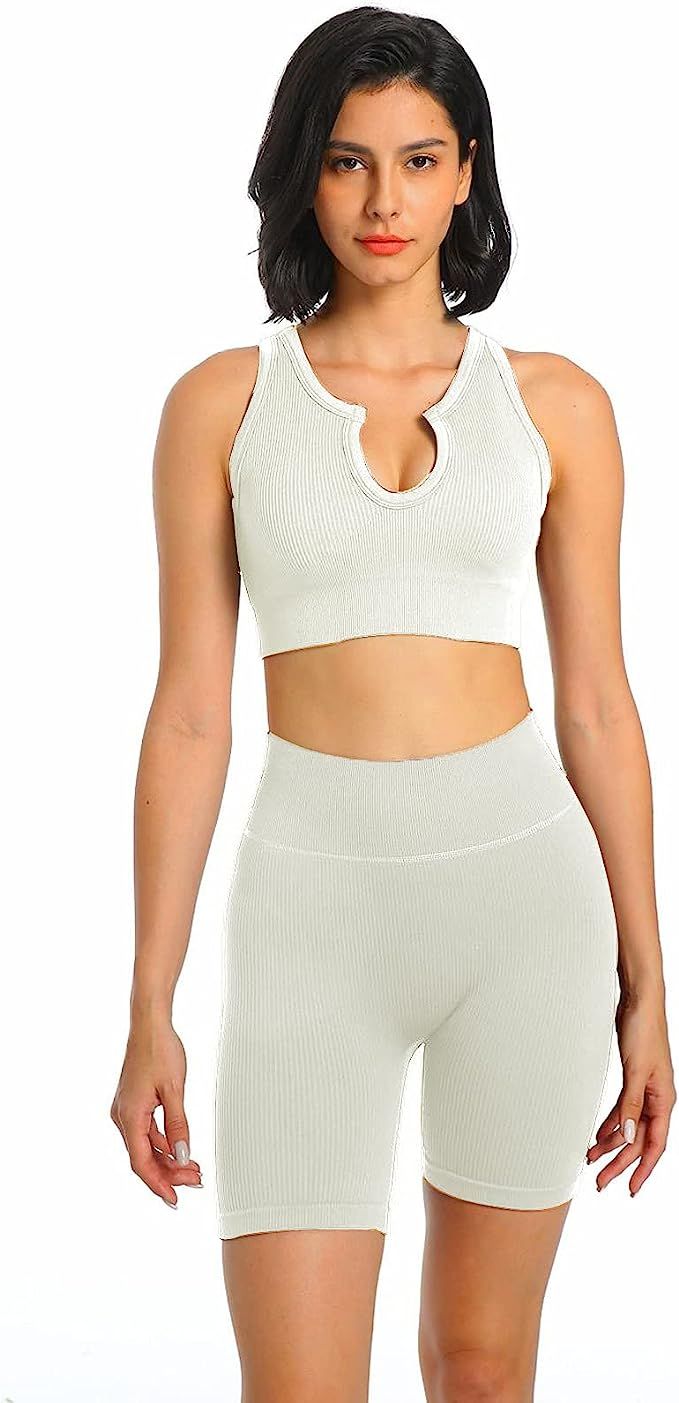 Jetjoy Women's Workout Outfit Set 2 Pcs Seamless Yoga Sports Bra with Leggings Yoga Clothes Set | Amazon (US)