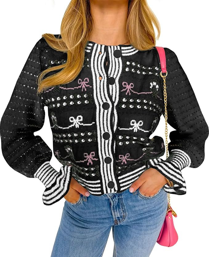 Saodimallsu Womens Cropped Cardigan Striped Puff Ruffle Sleeve Cute Graphic Button Bow Knitted Sw... | Amazon (US)