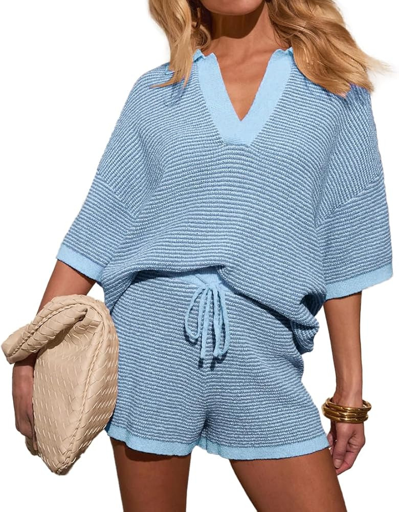Womens Crochet Short Sets 2 Piece Outfits Half Sleeve V Neck Knit Top High Waisted Shorts Striped... | Amazon (US)