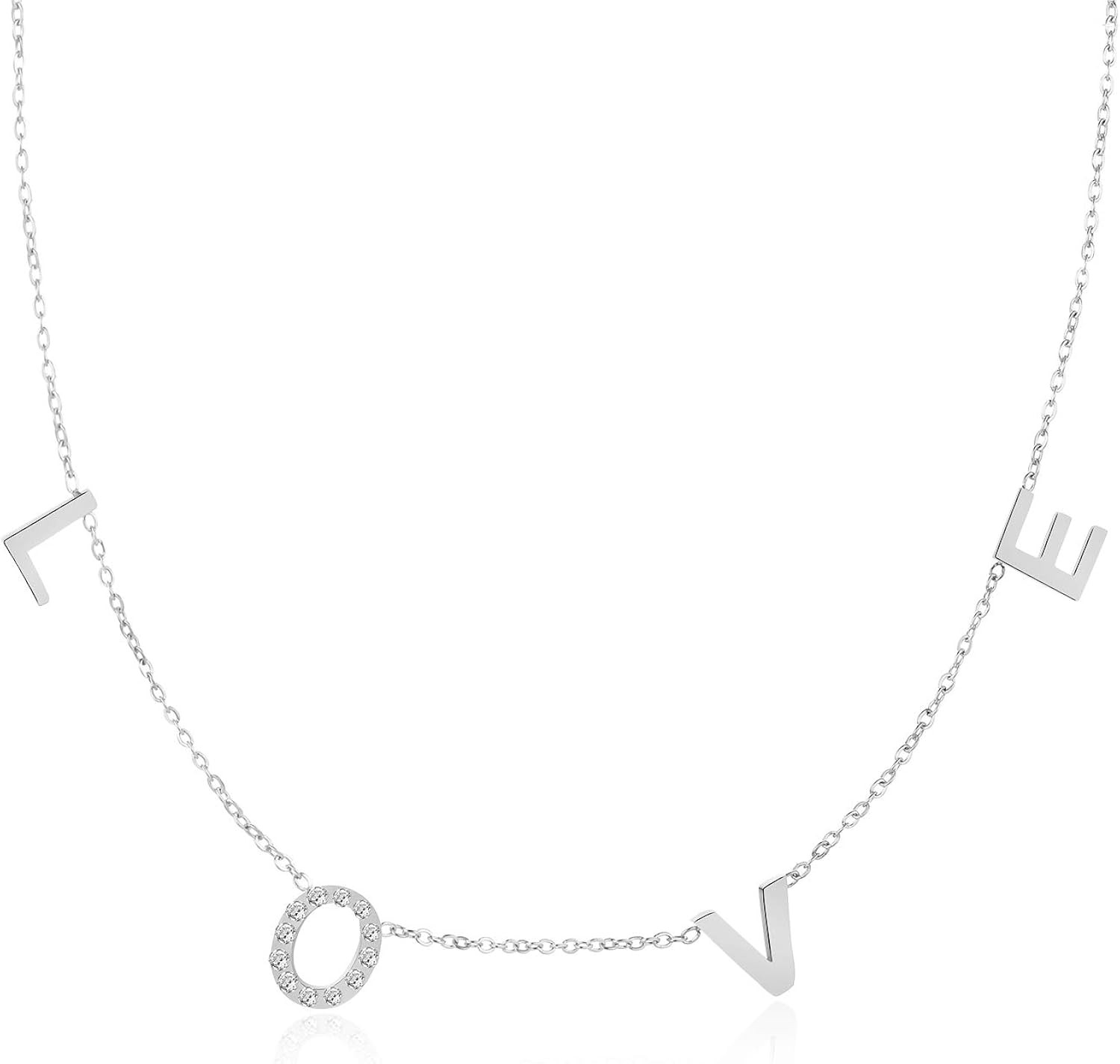 Moronly LOVE Letter Necklace for Women CZ Love Script Necklace 14K Gold Plated Charm Jewelry Choker  | Amazon (US)