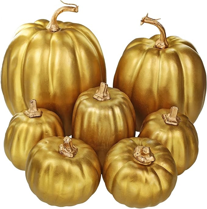 7 Pcs Assorted Sizes Gold Artificial Pumpkins and Gourds Foam Pumpkins Decorative Pumpkins for Fa... | Amazon (US)