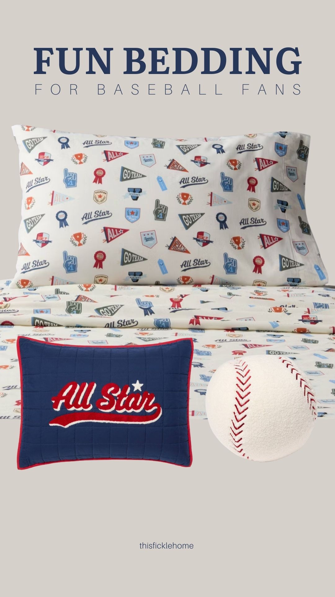 Baseball themed bedding for kids. 

Baseball shaped pillow. Baseball sheets.

#LTKHome #LTKKids