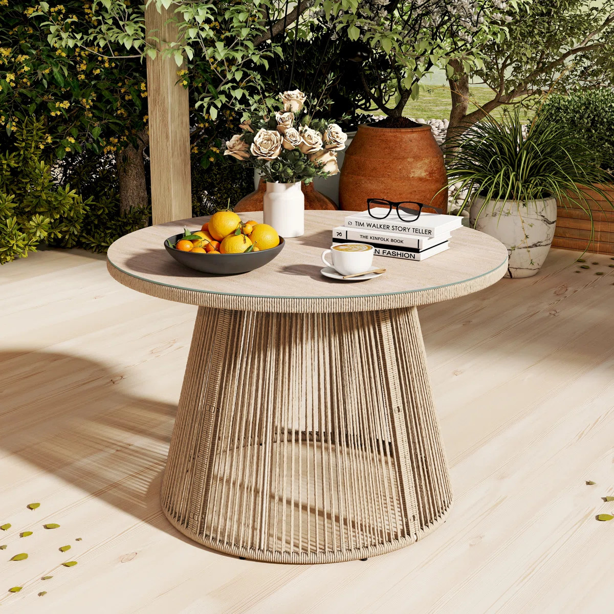Outdoor Patio Round Dining Table With Tempered Glass | Wayfair North America