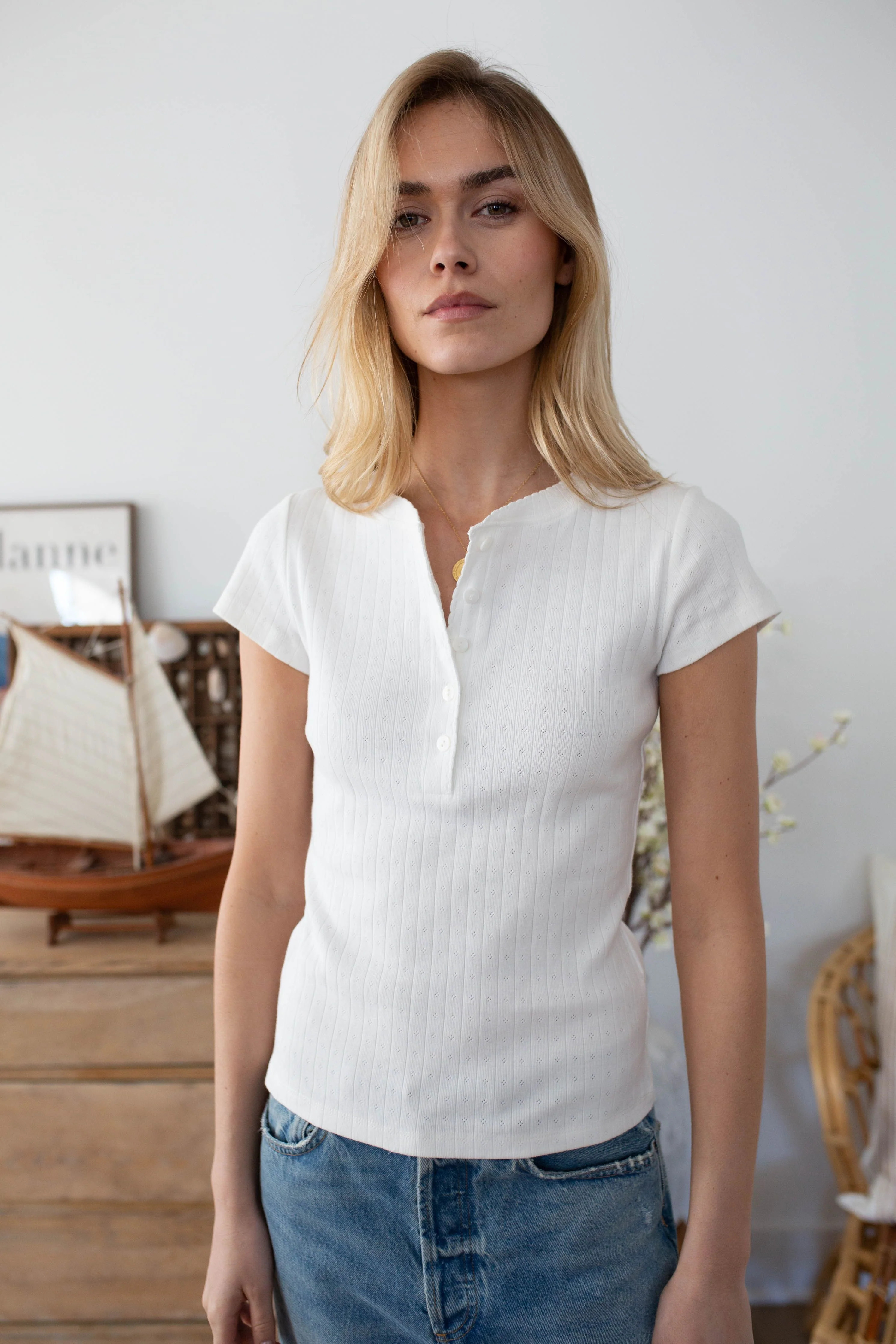 Pointelle Short Sleeve Henley - White | Marea