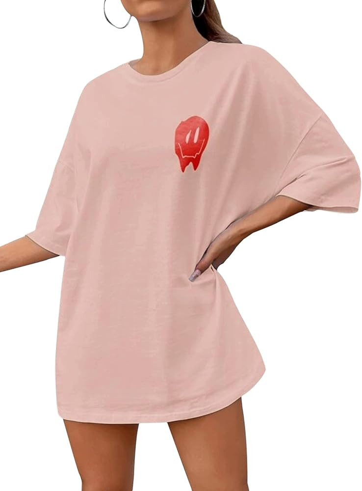 MISSACTIVER Women Casual Cartoon Face Print Graphic Tee Round Neck Short Sleeve Drop Shoulder Ove... | Amazon (US)